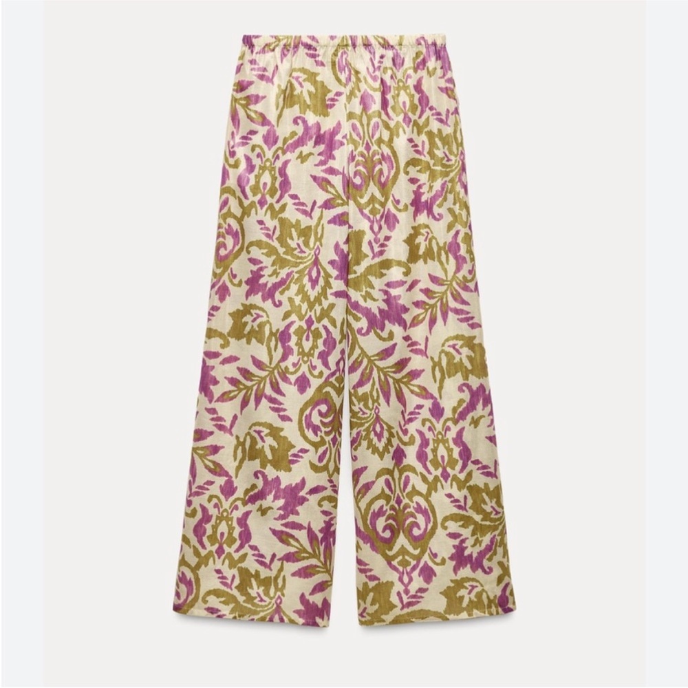 ZARA Straight Leg Metallic Printed Patterned Rustic Wide-Leg Pants (8097/709)